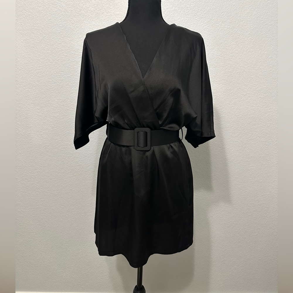 Black Satin Kimono Sleeve Belted Dress NWT
